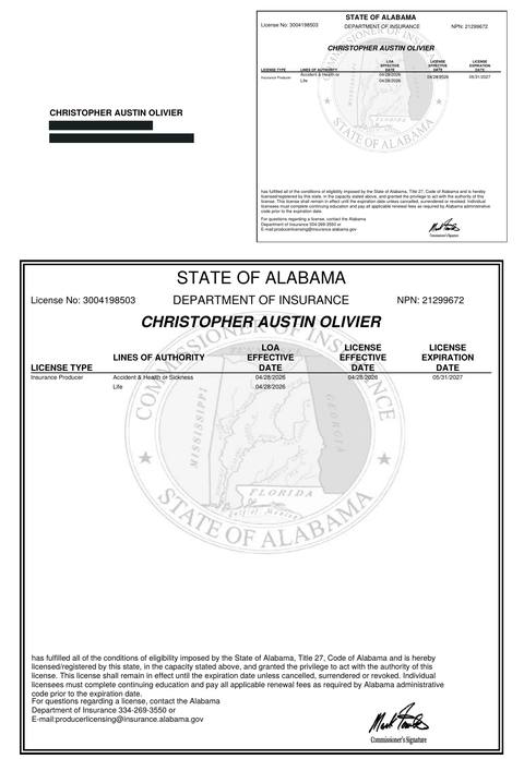Alabama insurance producer licence issued to Christopher Austin Olivier