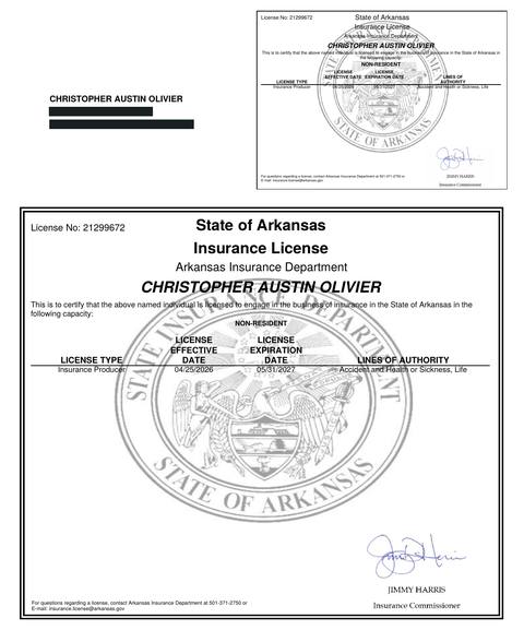 Arkansas insurance producer licence issued to Christopher Austin Olivier
