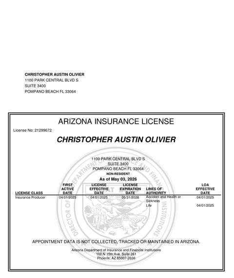 Arizona insurance producer licence issued to Christopher Austin Olivier