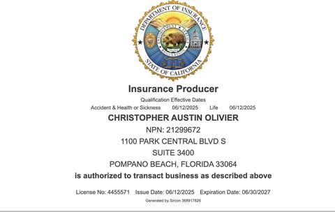 California insurance producer licence issued to Christopher Austin Olivier