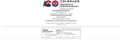 Colorado insurance producer licence issued to Christopher Austin Olivier