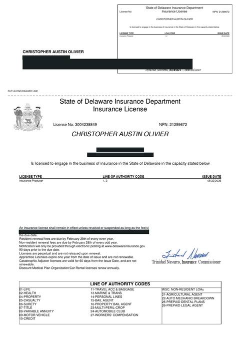 Delaware insurance producer licence issued to Christopher Austin Olivier