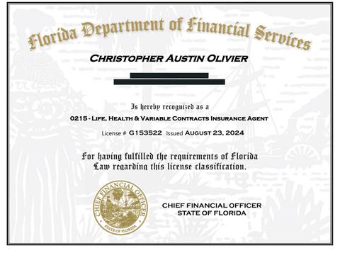 Florida insurance producer licence issued to Christopher Austin Olivier