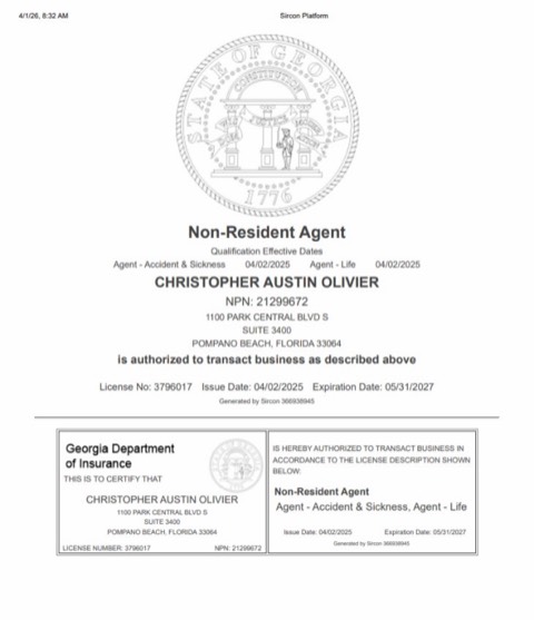Georgia insurance producer licence issued to Christopher Austin Olivier
