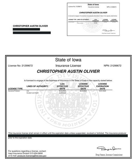 Iowa insurance producer licence issued to Christopher Austin Olivier
