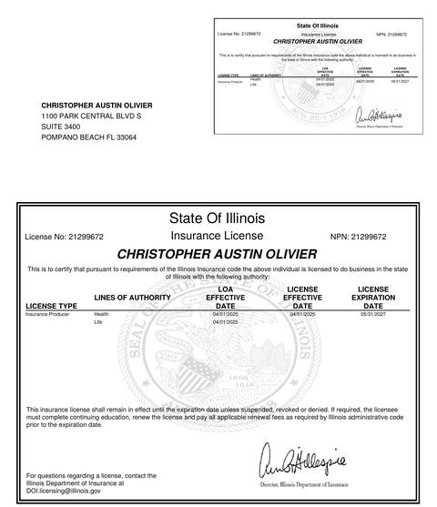 Illinois insurance producer licence issued to Christopher Austin Olivier
