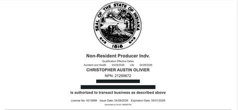 Indiana insurance producer licence issued to Christopher Austin Olivier