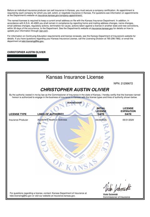 Kansas insurance producer licence issued to Christopher Austin Olivier