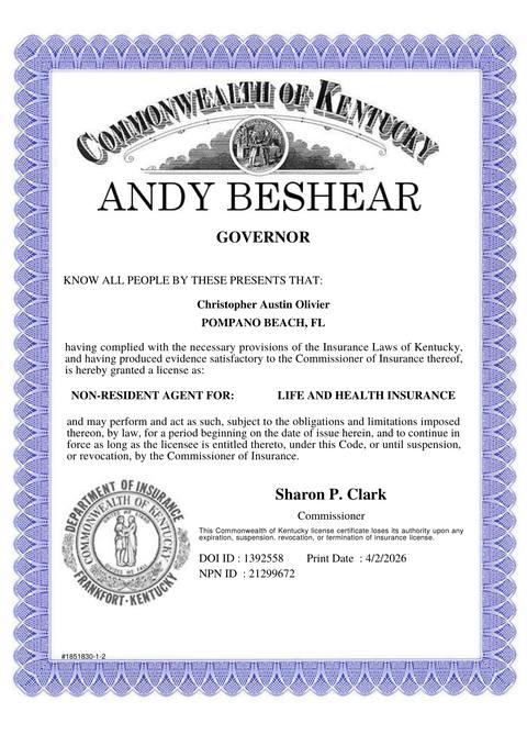 Kentucky insurance producer licence issued to Christopher Austin Olivier