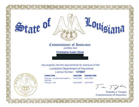 Louisiana insurance producer licence issued to Christopher Austin Olivier