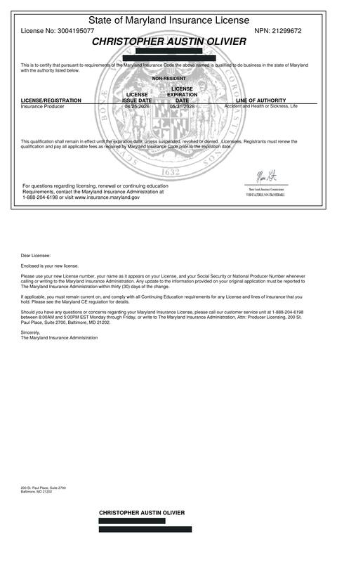 Maryland insurance producer licence issued to Christopher Austin Olivier