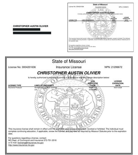 Missouri insurance producer licence issued to Christopher Austin Olivier