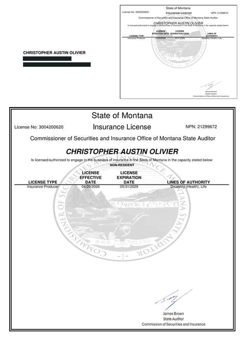Montana insurance producer licence issued to Christopher Austin Olivier