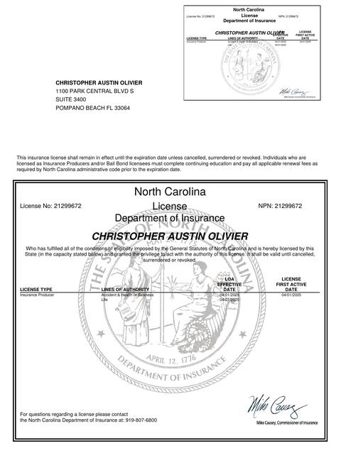 North Carolina insurance producer licence issued to Christopher Austin Olivier