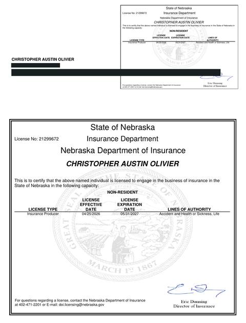 Nebraska insurance producer licence issued to Christopher Austin Olivier