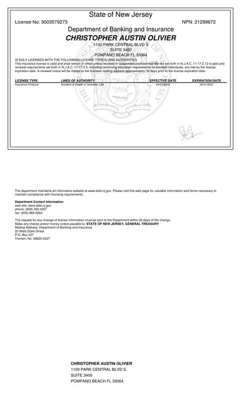 New Jersey insurance producer licence issued to Christopher Austin Olivier