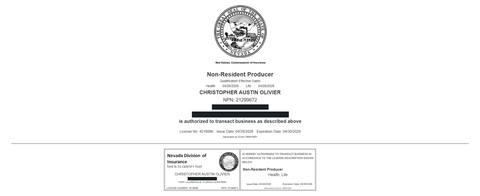 Nevada insurance producer licence issued to Christopher Austin Olivier