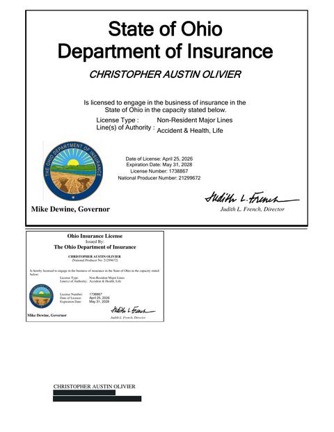 Ohio insurance producer licence issued to Christopher Austin Olivier