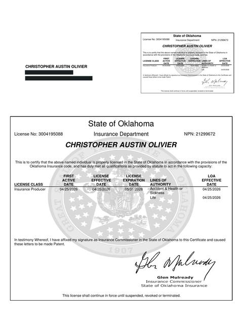 Oklahoma insurance producer licence issued to Christopher Austin Olivier