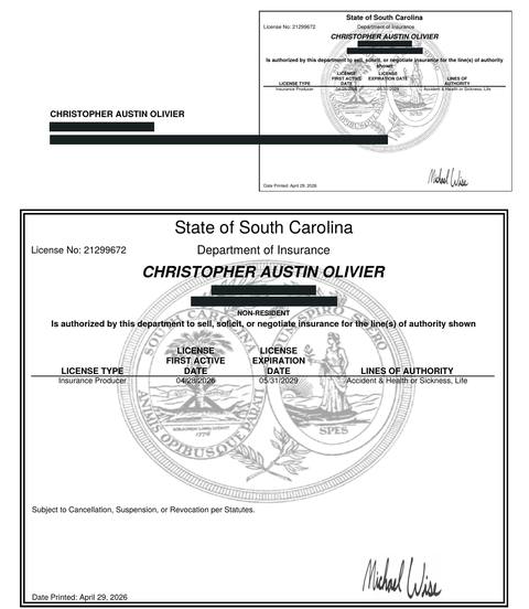 South Carolina insurance producer licence issued to Christopher Austin Olivier