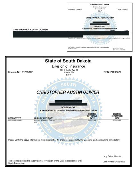 South Dakota insurance producer licence issued to Christopher Austin Olivier