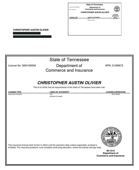 Tennessee insurance producer licence issued to Christopher Austin Olivier