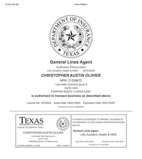 Texas insurance producer licence issued to Christopher Austin Olivier