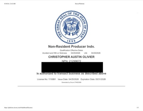 Utah insurance producer licence issued to Christopher Austin Olivier