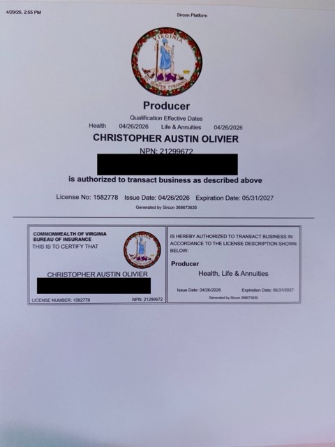 Virginia insurance producer licence issued to Christopher Austin Olivier