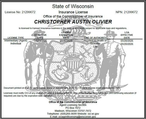 Wisconsin insurance producer licence issued to Christopher Austin Olivier