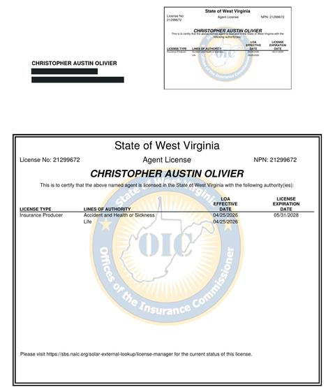 West Virginia insurance producer licence issued to Christopher Austin Olivier