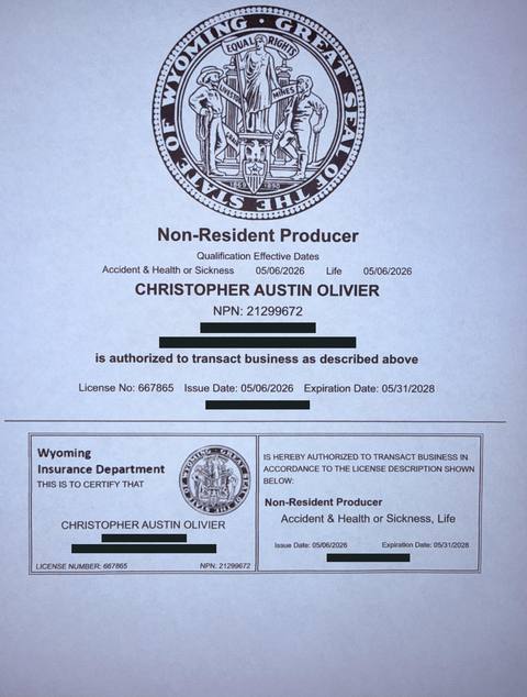 Wyoming insurance producer licence issued to Christopher Austin Olivier
